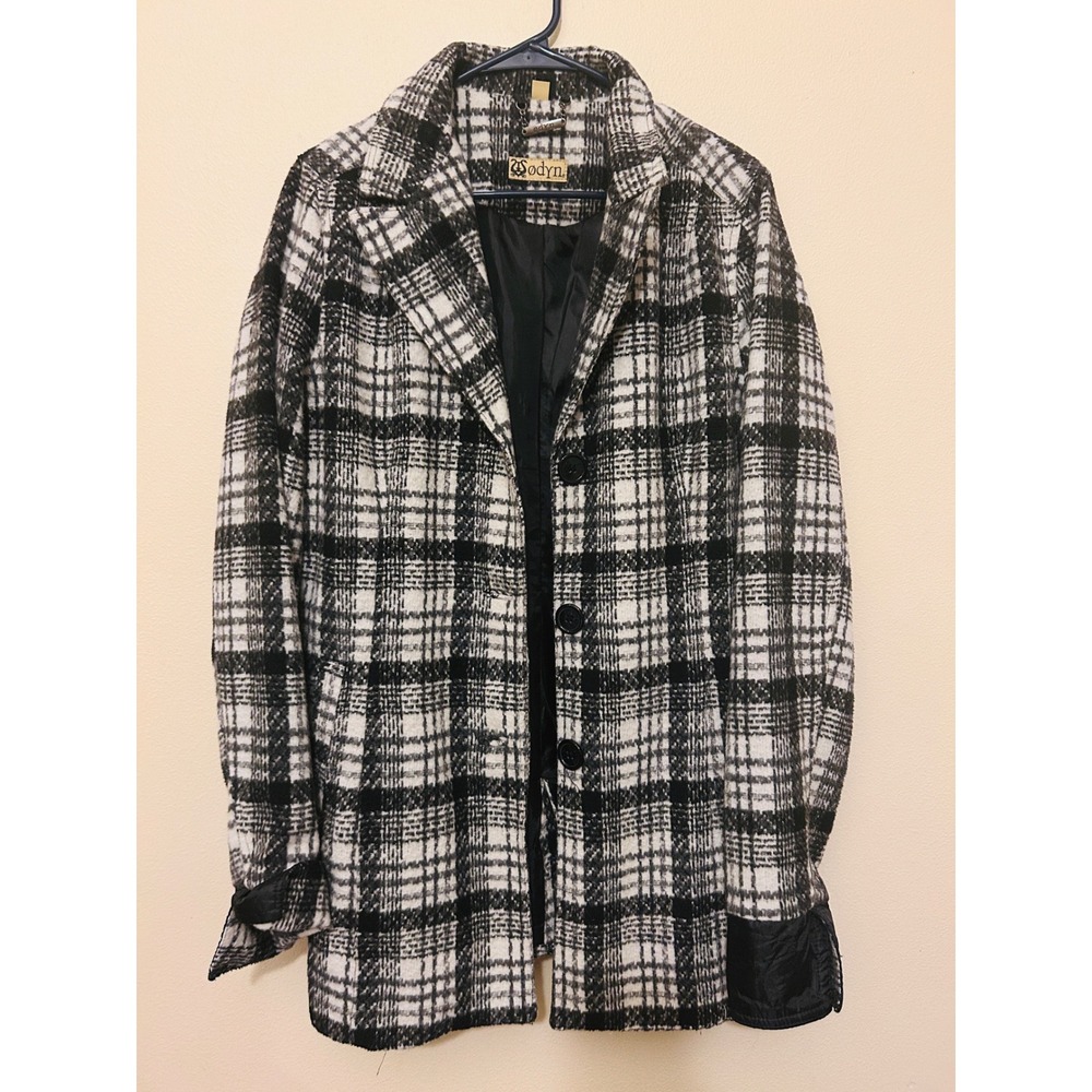 Odyn Plaid Peacoat Women Size Large Black White Excellent Button Front Lined